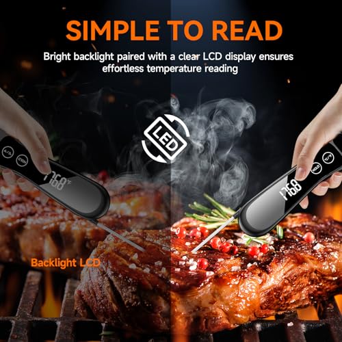Meat Thermometer Digital 1 Second Instant Read Food Thermometer for Cooking Grilling, Candy, Fry, BBQ, Turkey, IP67 Waterproof 180° Folding Probe Large Backlit Display Thermometer