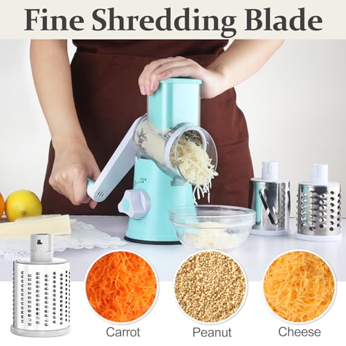 Cambom Rotary Cheese Grater Hand Crank Cheese Shredder for Fresh Cheese, Vegetable, Nuts,Non-slip Suction Base, Five Blades, Blue - color: Blue, size: 5 BLADES