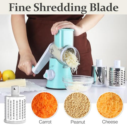 Cambom Rotary Cheese Grater Hand Crank Cheese Shredder for Fresh Cheese, Vegetable, Nuts,Non-slip Suction Base, Five Blades, Blue - color: Blue, size: 5 BLADES