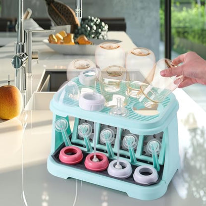 Baby Bottle Drying Rack with Brush & Dishwasher Basket - Space Saving Standing Drying Rack for Baby Bottles, Pump Parts & Accessories, Compact Organizer Holds Up to 8 Bottles (Blue) - color: Blue