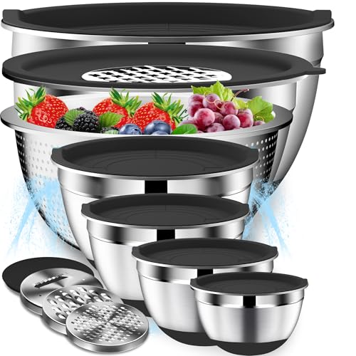 DUTZUN Mixing Bowls with Lids Set - 16pcs Stainless Steel Mixing Bowl Set with Colander, 3 Grater Attachments, Non-Slip Bottom, Metal Nesting Bowls with Strainer for Mixing & Serving - Black - style: 16PCS Black W Nonslip Silicone