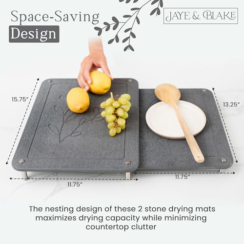 2 PCs Nesting Stone Dish Drying Mats for Kitchen Counter - Absorbent Quick Drying Diatomaceous Earth Stone Drying Mat with Non-Slip Feet - Heat Resistant & Odorless Dish Drying Stone Mat - Dark Gray