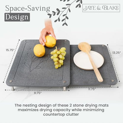 2 PCs Nesting Stone Dish Drying Mats for Kitchen Counter - Absorbent Quick Drying Diatomaceous Earth Stone Drying Mat with Non-Slip Feet - Heat Resistant & Odorless Dish Drying Stone Mat - Dark Gray