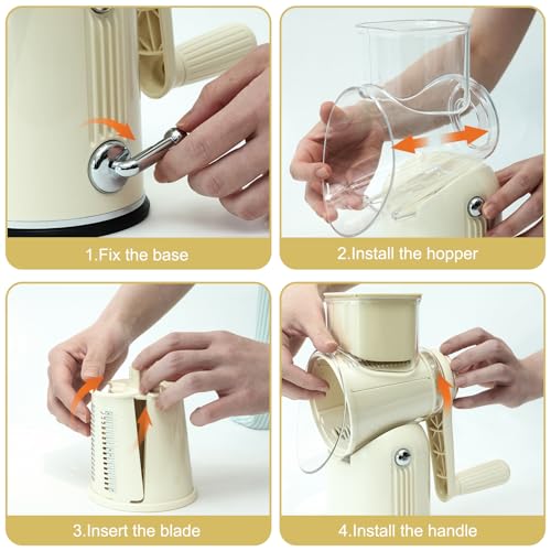 5 in 1 Cheese Grater with Rotary Hand Crank - Vegetable Chopper with Replaceable Stainless Blades, Strong Suction Base, Handle, Blade Storage Box, Easy-Clean Multipurpose Kitchen Slicer (White) - color: White