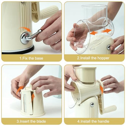 5 in 1 Cheese Grater with Rotary Hand Crank - Vegetable Chopper with Replaceable Stainless Blades, Strong Suction Base, Handle, Blade Storage Box, Easy-Clean Multipurpose Kitchen Slicer (White) - color: White