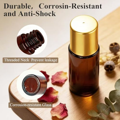 28 Pack 50ml Roller Bottles for Essential Oils - Refillable Amber Glass Roll Bottles with Roller Ball and Golden Caps for Travel, Perfume, and Personal Care