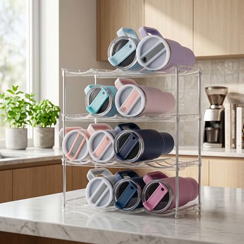 Stackable Water Bottle Organizer 4 Tier Holds 16 Bottles, Storage Rack for Stanley 40oz Cups & Tumblers, Water Bottle Organizer Cabinet Holder for Kitchen, Pantry, Fridge, Shaker Bottle Storage Rack