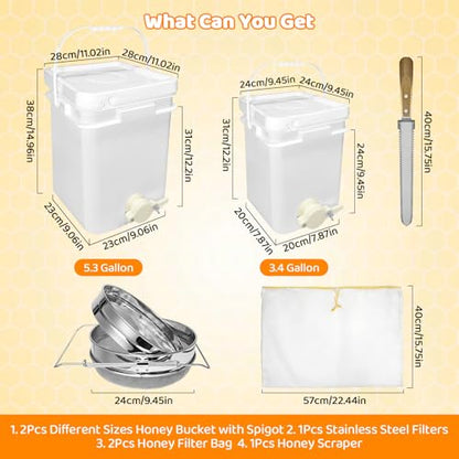 Honey Bucket w/Gate, 5&3 Gal, Stainless Strainer, Honey Extractor Kit&Double Sieve Stainless Strainer w/ 2 Filter Bags & Scraper, Fits Complete Honey Extraction Equipment