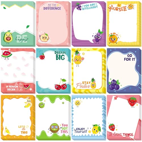 Chiisong 12 Pcs Fun Inspirational Sticky Notes 3 x 4 Inch Motivational Fruit Notepads Cute Post Positive Appreciation Sticky Notes Positive Gifts for Office Nurse Coworkers Supplies - style: Motivational Fruit