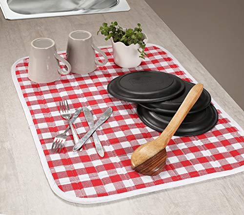 Ramanta Home Buffalo Plaid Check Dish Drying Mat Set of 2 Red - 16x18 Inches, Cotton Top Cover Quick Absorbent Dish-Drying Mats For Sink, Dishwasher | Foldable Kitchen Countertop Protector Dishes Pad - color: Red/White