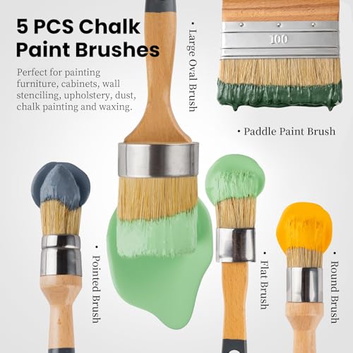 5 Pack Natural Bristle Chalk Paint Wax Brush Set, Multi-Size Wooden Handle Chalk Paint Brushes for Furniture Refinishing, Waxing, Chalk Paint, Milk Paint, DIY Craft & Home Restoration - size: 1 Large, 3 Small, Paddle Brush