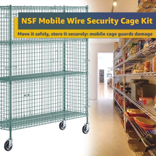 18" x 60" x 69" NSF Heavy Duty Mobile Green Epoxy Wire Shelves with Security Cage Kit, 4 Tier Metal Commercial Storage Rack with Wheels - color: Green, size: 18" x 60" x 69" with Wheels