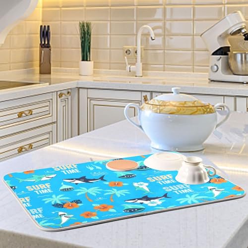 Shark Palm Trees Blue Dish Drying Mat for Kitchen Counter Super Absorbent Draining Mat with Non-slip Backed Sink Mats for Dish Bottles Cups Bowl Sinks Countertops Draining Racks