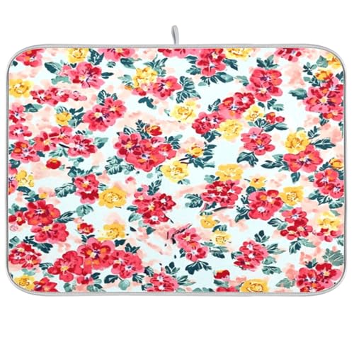 Kcldeci Pink Red Yellow Floral Dish Drying Mat Kitchen Counter Mat Draining Mat Kitchen Accessories Dish Rack Pad for Dishes, Utensils, Countertops, Sinks 16x18in - color: D12, size: 16x18in