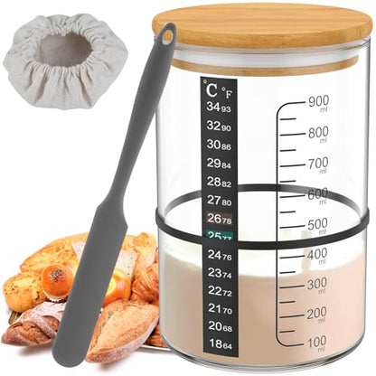 Mimoyalaso Sourdough Starter Jar Kit, 900ml Glass Jar with Scale Thermometer Paper, Temperature Resistant Sourdough Starter Container with Spatula, Cloth Cover & Lid for Sour Dough Bread Loaf