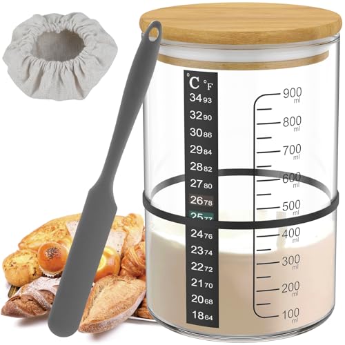 Mimoyalaso Sourdough Starter Jar Kit, 900ml Glass Jar with Scale Thermometer Paper, Temperature Resistant Sourdough Starter Container with Spatula, Cloth Cover & Lid for Sour Dough Bread Loaf