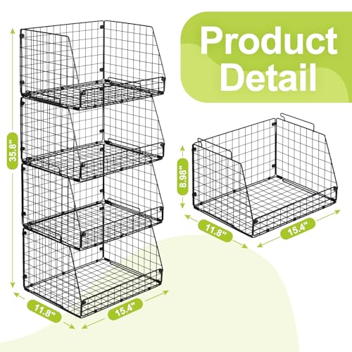 Jakyitvi 4 Pack XXL Stackable Wire Storage Basket, Extra Large Capacity Pantry Organizer and Storage, Muti-Purpose for Vegetable Fruit Basket & Can Organizer & Snack Rack & Metal Pantry Bin - size: 4 Pack