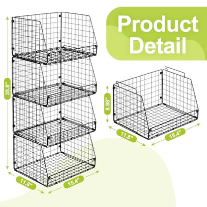Jakyitvi 4 Pack XXL Stackable Wire Storage Basket, Extra Large Capacity Pantry Organizer and Storage, Muti-Purpose for Vegetable Fruit Basket & Can Organizer & Snack Rack & Metal Pantry Bin - size: 4 Pack
