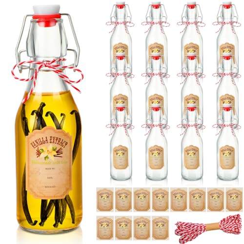 Uiifan 12 Pcs Swing Top Glass Bottles for Vanilla Extract Homemade Clear Flip Top Beer Bottles with Tags, Caps and Cotton Twines for Beer Kombucha Soda Tea Supply Christmas Homemade Gifts(8 oz) - size: 8 oz