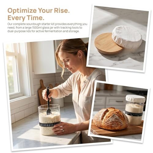 Sourdough Starter Jar Kit, 50 OZ Wide Mouth Sour Dough Starter Jar Glass | Jar for Sourdough Starter with Non-Slip Silicone Bottom,Date Marked Feeding Band,Thermometer Band,Cloth Cover & Bamboo Lid