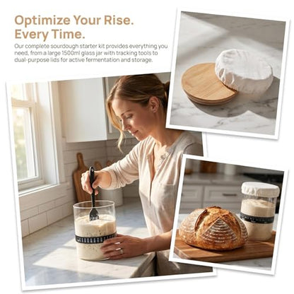 Sourdough Starter Jar Kit, 50 OZ Wide Mouth Sour Dough Starter Jar Glass | Jar for Sourdough Starter with Non-Slip Silicone Bottom,Date Marked Feeding Band,Thermometer Band,Cloth Cover & Bamboo Lid