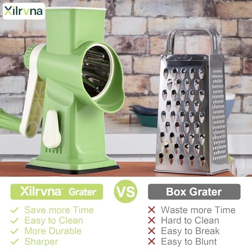 Rotary Cheese Grater Hand Crank Transparent - Shredder Slicer Grinder 3 Stainless Steel Blades, Stable Suction, Labor-Saving Handle, Safe Kitchen Tool for Cheese, Vegetable, Nuts, Chocolate - color: Green