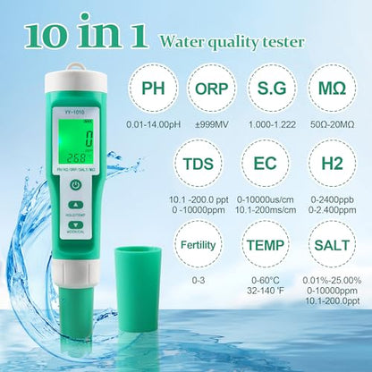 Hydrogen Water Tester 10 in 1 Resistivity/Fertility/H2/pH/TDS/EC/ORP/S.G/Salt/Temp Meter with ATC pH Meter,0.01 High Accuracy pH Tester Digital,TDS Meter PPM Meter for Drinking,Hydroponics,Pool. - size: 10-1