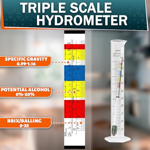 Triple-Scale Hydrometer Kit with Plastic Test Jar for Wine, Beer, Mead and Kombucha - Alcohol Tester, Hydrometer Alcohol, ABV, Brix & Gravity Tester - Brewing Supplies, Valentine Day Gift for Brewers