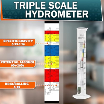 Triple-Scale Hydrometer Kit with Plastic Test Jar for Wine, Beer, Mead and Kombucha - Alcohol Tester, Hydrometer Alcohol, ABV, Brix & Gravity Tester - Brewing Supplies, Valentine Day Gift for Brewers