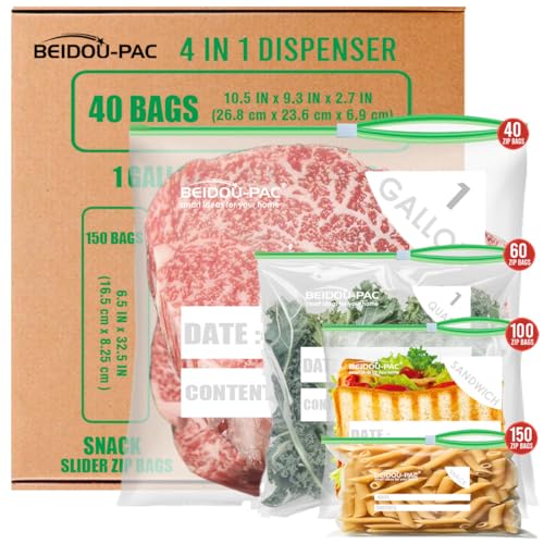 BEIDOU-PAC Combo Slider Storage Bags, 350 Count Resealable Variety Pack with Organizer, Reclosable Clear Plastic Snack, Sandwich, Quart,Gallon Size Bags (Variety Pack) - style: Slider-4 in 1 dispenser