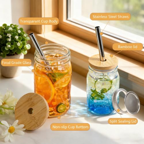16oz Glass Mason Cup with Bamboo Lids, 2Pack Wide Mouth Mason Jars | Boba Cups with Lids and Straw, for Iced Coffee Juice Milkshake Tea - size: 2Pack 16oz