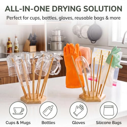 Elsjoy Set of 2 Plastic Bag and Bottle Drying Racks, Countertop Kitchen Bamboo Drying Stands for Cup, Mug, Gloves, Silicone Bags