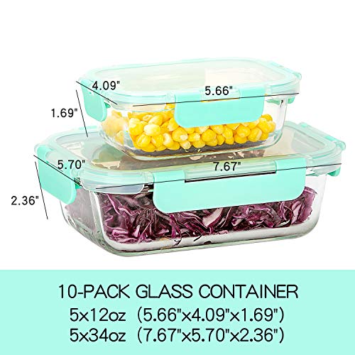 C CREST [10-Pack] Glass Food Storage Containers with Lids, Airtight, BPA Free, Meal Prep Containers for Kitchen, Home Use - color: Light Green