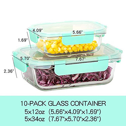C CREST [10-Pack] Glass Food Storage Containers with Lids, Airtight, BPA Free, Meal Prep Containers for Kitchen, Home Use - color: Light Green