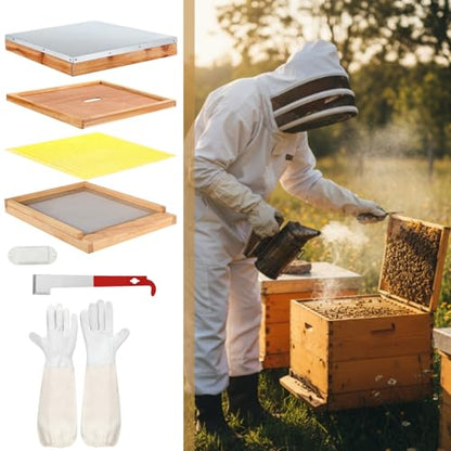 DoubleFill 8 Pcs Beehive Parts Kit for 10 Frame Bee Hive, Telescoping Top Cover Queen Excluder Inner Cover Screened Bottom Board Entrance Reducer Bee Escape Equipment J-hook Scrape and Gloves (Yellow) - color: Yellow