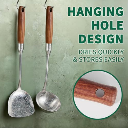 Newness Soup Ladle, [Rustproof, Heat Resistance] Resilient Pure Titanium Soup Spoon with Long Ergonomic Natural Wooden Round Handle, Non-Toxic Cooking Spoon for Kitchen, 14.56 Inches - color: Silver + Wood