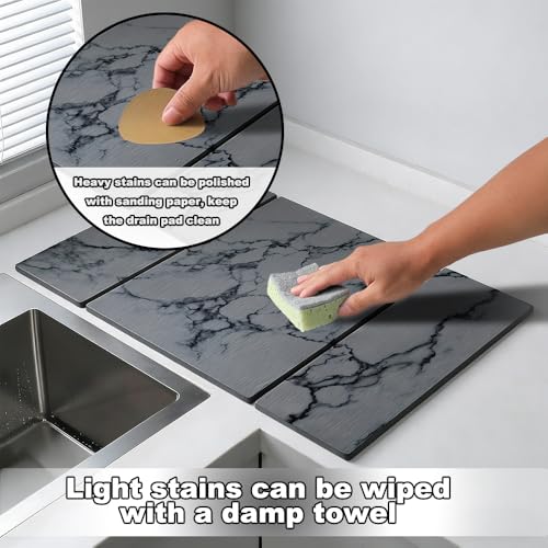 Large Stone Dish Drying Mat for Kitchen Counter,Collapsable Stone Dish Drying Mat with Diatomaceous Earth for Quick Drying-Ultra Absorbent-Eco-Friendly,Foldable -23.6"×15.7" Dark Gray Marble Pattern - color: L22-Dark Grey