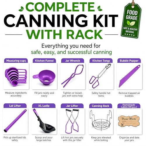 Supa Ant Canning Supplies Starter Kit- Canner Accessories with Canning Rack for Jars, XL Ladle,Wide Mouth Jar Funnel,Jar Lifter and Wrench,Bubble Popper/Measurer,Lid Lifter,Kitchen Tongs (Lavender) - color: Lavender