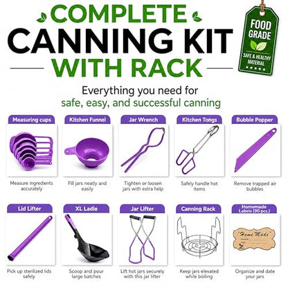 Supa Ant Canning Supplies Starter Kit- Canner Accessories with Canning Rack for Jars, XL Ladle,Wide Mouth Jar Funnel,Jar Lifter and Wrench,Bubble Popper/Measurer,Lid Lifter,Kitchen Tongs (Lavender) - color: Lavender