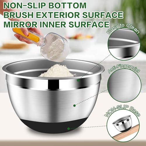 DUTZUN Mixing Bowls with Lids Set - 16pcs Stainless Steel Mixing Bowl Set with Colander, 3 Grater Attachments, Non-Slip Bottom, Metal Nesting Bowls with Strainer for Mixing & Serving - Black - style: 16PCS Black W Nonslip Silicone
