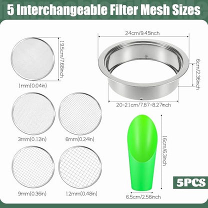 Soil Sieve Set Stainless Steel Garden Soil Sifter, Compost Mesh Sifter with 5 Interchangeable Mesh 1/3/6/9/12mm and Soil Scoops for Sand, Bonsai Soil, Rock, Filtration