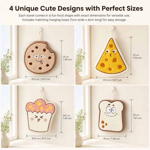 4-Pack Baking Series Hanging Hand Towels, Bread/Cookie/Cheese/Cupcake, Coral Fleece Material with Towel Embroidery, Absorbent Quick-Dry, Universal for Kitchen & Baking Room, with Hanging Loop