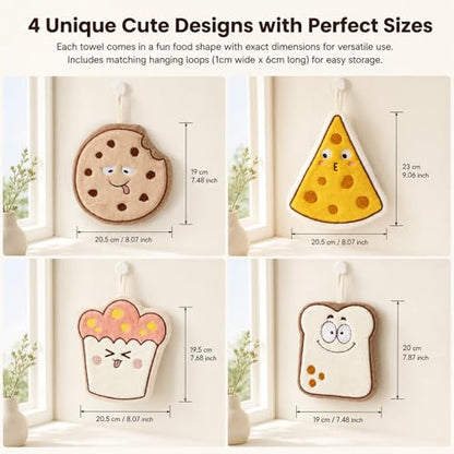 4-Pack Baking Series Hanging Hand Towels, Bread/Cookie/Cheese/Cupcake, Coral Fleece Material with Towel Embroidery, Absorbent Quick-Dry, Universal for Kitchen & Baking Room, with Hanging Loop