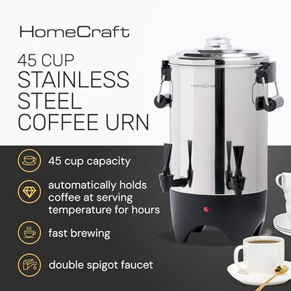 HomeCraft 45-Cup Coffee Urn and Hot Beverage Dispenser with Double Dripless Faucet, Quick-Brewing, Stainless Steel - style: 45 Cup Double Spigot