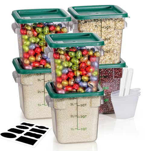4QT NSF Food Storage Containers: 6 PCS [Food Grade][Hot&Cold Resistant] Commercial Clear Food Storage Containers with Lids for Restaurant Kitchen Proof Dough, Measuring Spoons Included(Green N) - color: E22-4QT-6PCS-GREEN