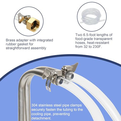 1/2" X 50Ft 304 Wort Chiller, Food Grade Stainless Steel Immersion Chiller Coil with 2X 6.5Ft Transparent Pipes, Home Water Chiller for Ice Bath Beer Brewing Water Cooler Equipment