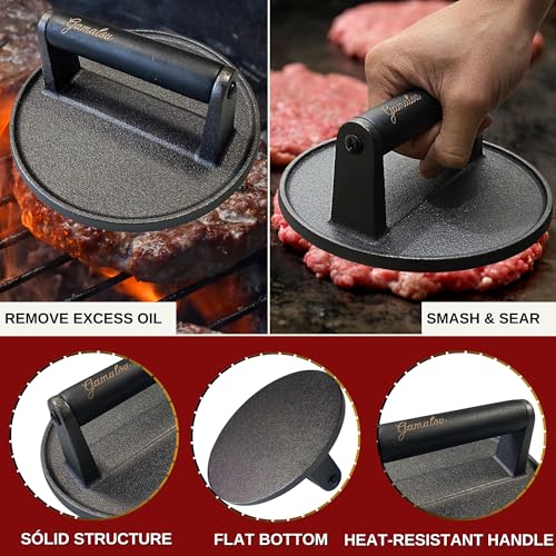 Gamalou® Smash Burger Press Kit: 7" Cast Iron Grill Press, 12" Melting Dome, 3-in-1 Patty Maker, 4.3" Spatula & 4" Scraper, Griddle Accessories for Blackstone, Grills, Flat Top, BBQ, Fry Pan