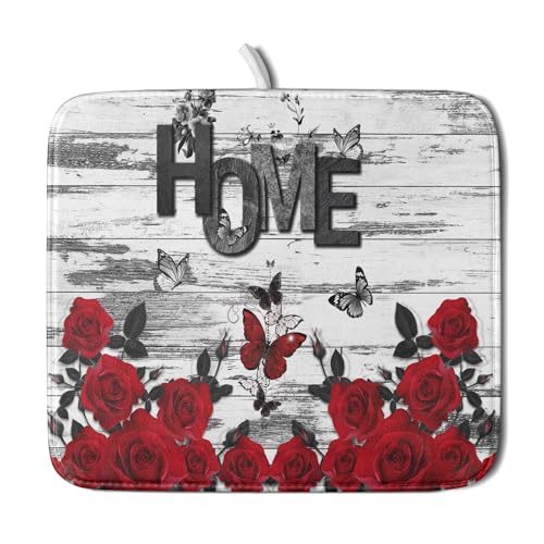 Red Rose Dish Drying Mat 16x18 inch Romantic Floral Absorbent Microfiber Sink Counter Dishware Drainer Pad for Kitchen Coffee Bar Decor - color: Red Rose, size: 16 x 18 inch