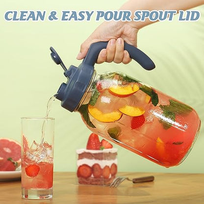 Soligt Glass Mason Jar Pitcher with Lid, Wide Mouth Flip Cap Pour Spout Leak-proof Lid with Handle, 64 oz (2 Quart / 1.9 Liter), Navy and Yellow, 2 Pack - color: Navy and Yellow