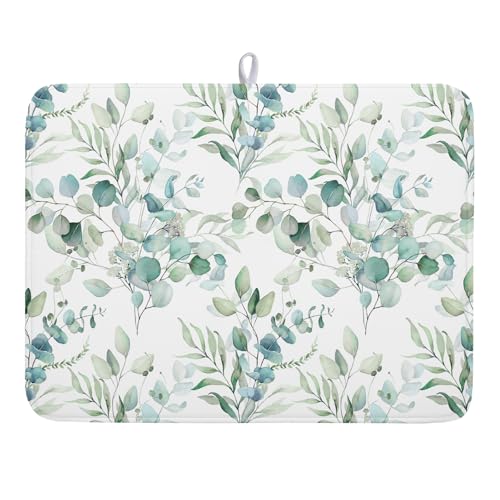 Sage Green Leaves Dish Drying Mats for Kitchen Counter 18x24 Inch, Leaves Kitchen Drying Mat,Watercolor Herbs Dishes Pad Dish Drainer Rack Mats Absorbent Fast Dry Kitchen Accessories - color: Sage Green Leaves, size: 18" x 24"